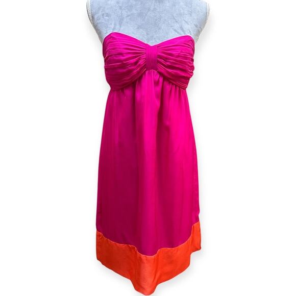 SHOSHANNA 100% Silk Strapless Dress Pink Orange Colorblock Bow Bust 6 - Picture 2 of 8